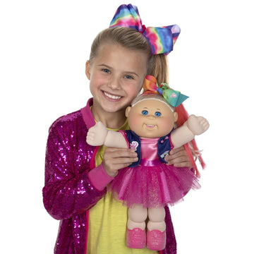 Cabbage Patch Kids, JoJo Siwa Doll, 14”, Plush-Toy, Includes Sparkly Dress, Vest with Patches, Giant Hair Bow - with Birth Certificate, Birthdate