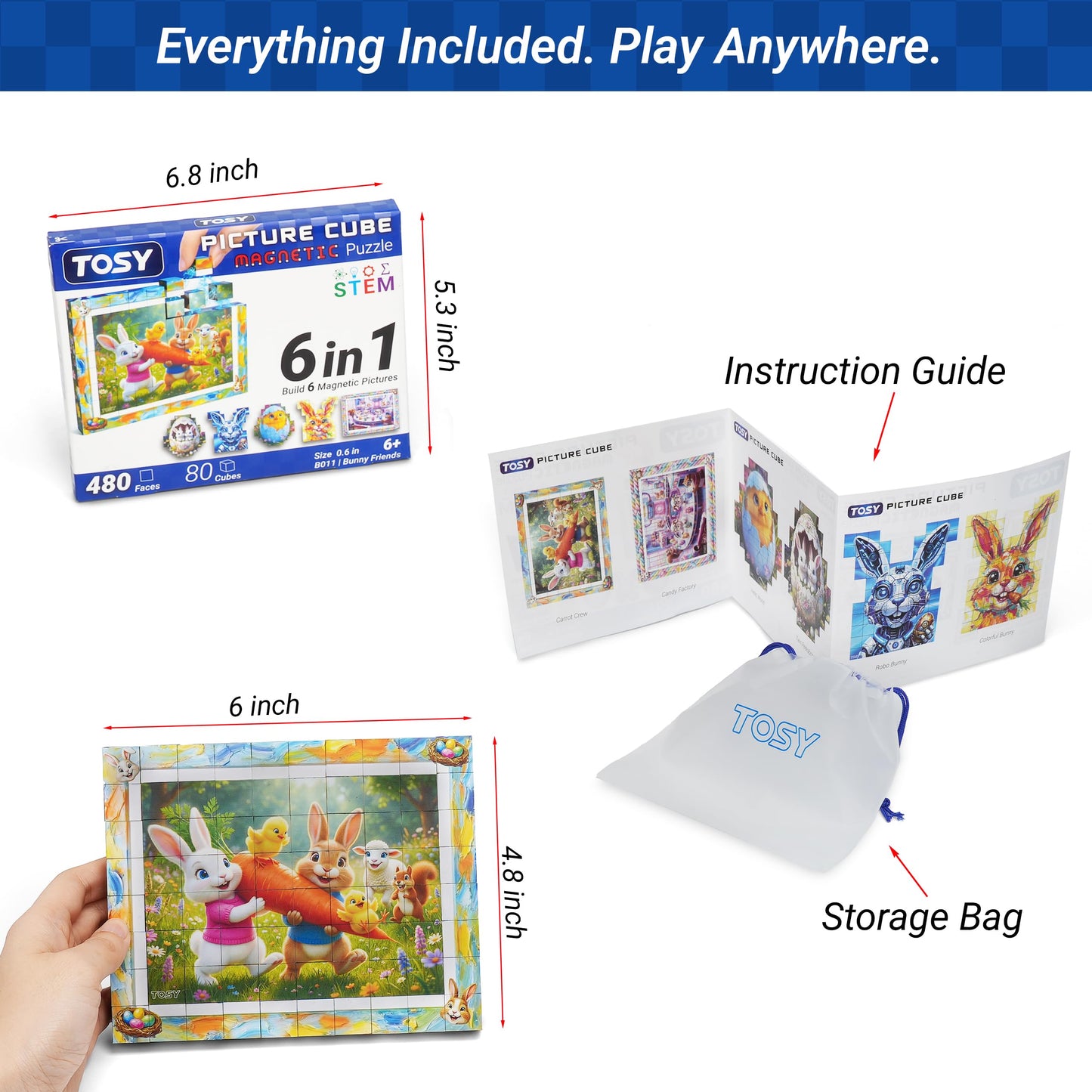 TOSY Picture Cube Bunny Friends: 6-in-1 Magnetic Picture Puzzle, Easter Basket Stuffers STEM Gift for Kids & Adults, 80 Blocks, 480 Puzzle Faces
