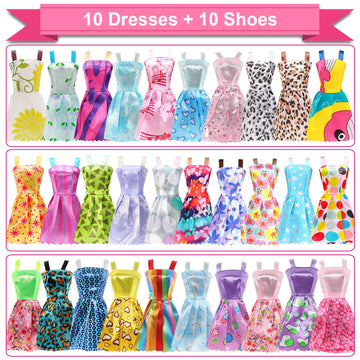 BARWA 53 pcs Doll Clothes and Accessories 10 pcs Party Dresses with 42 pcs Shoes, Crown, Necklace, Hangers, Bags, Accessories for 11.5 inch Doll