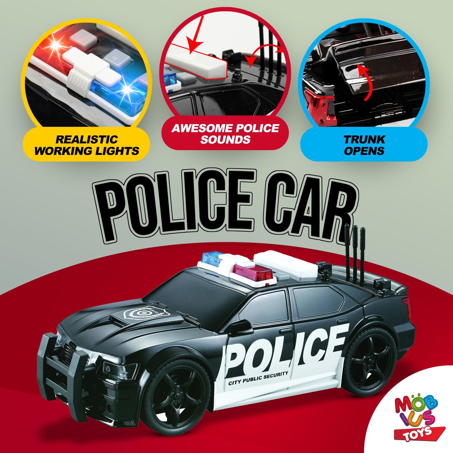 MOBIUS Toys Police Car PlaySet - Push-and-Go Police Vehicle with Lights, Sirens & Sounds - Durable BPA-Free Rescue Car for Kids Ages 3-7 - Educational