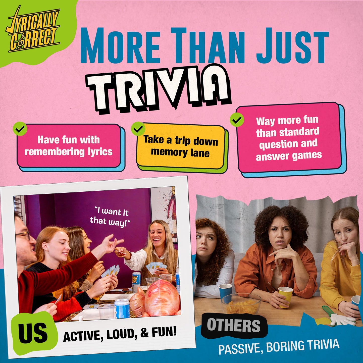 Lyrically Correct 90s & 2000s Pop Music Trivia Card Game for Adults & Families - Finish The Lyrics Party Game for Game Night, Girls Night