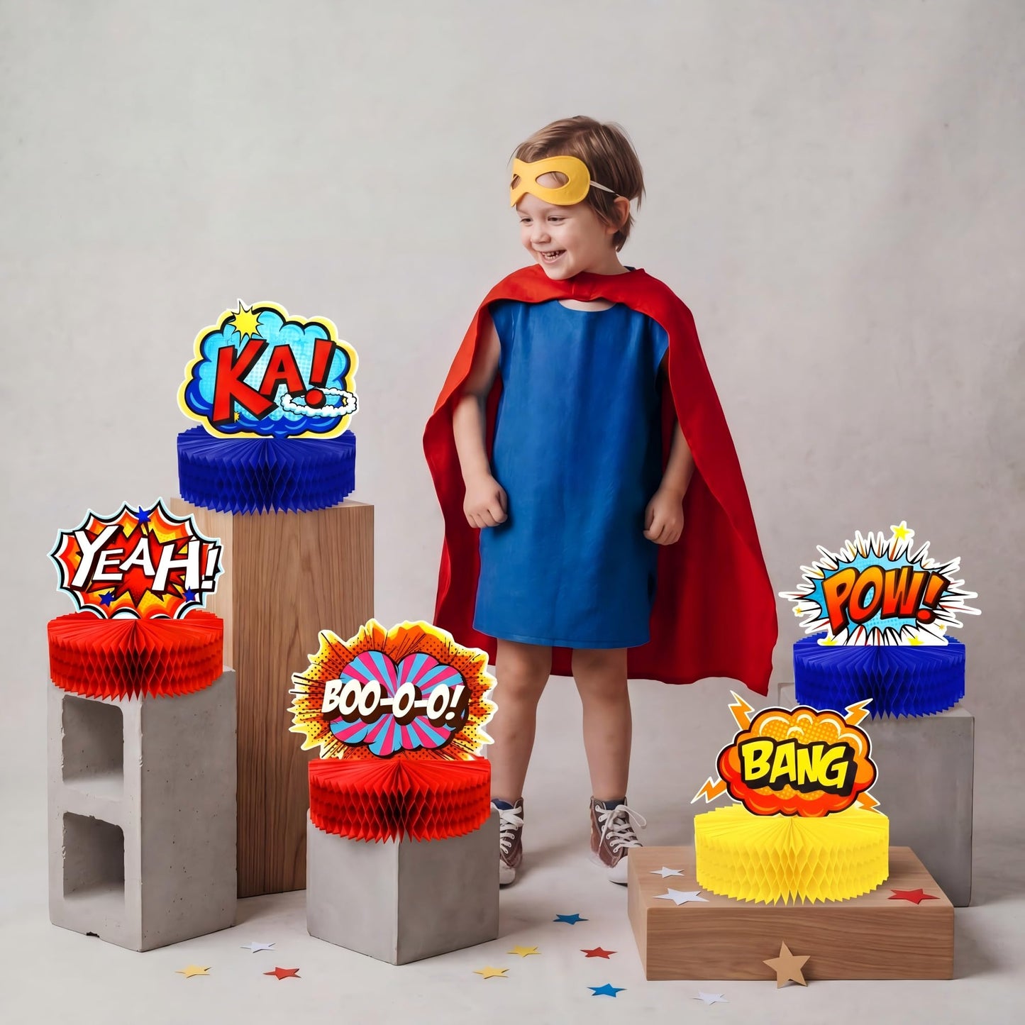 Skylety 6 Pcs Hero Party Decoration for Class Honeycomb Centerpieces 3D Table Topper Paper Large Word Action Sign Table Topper Decor 7.5 x 7.8 Inch