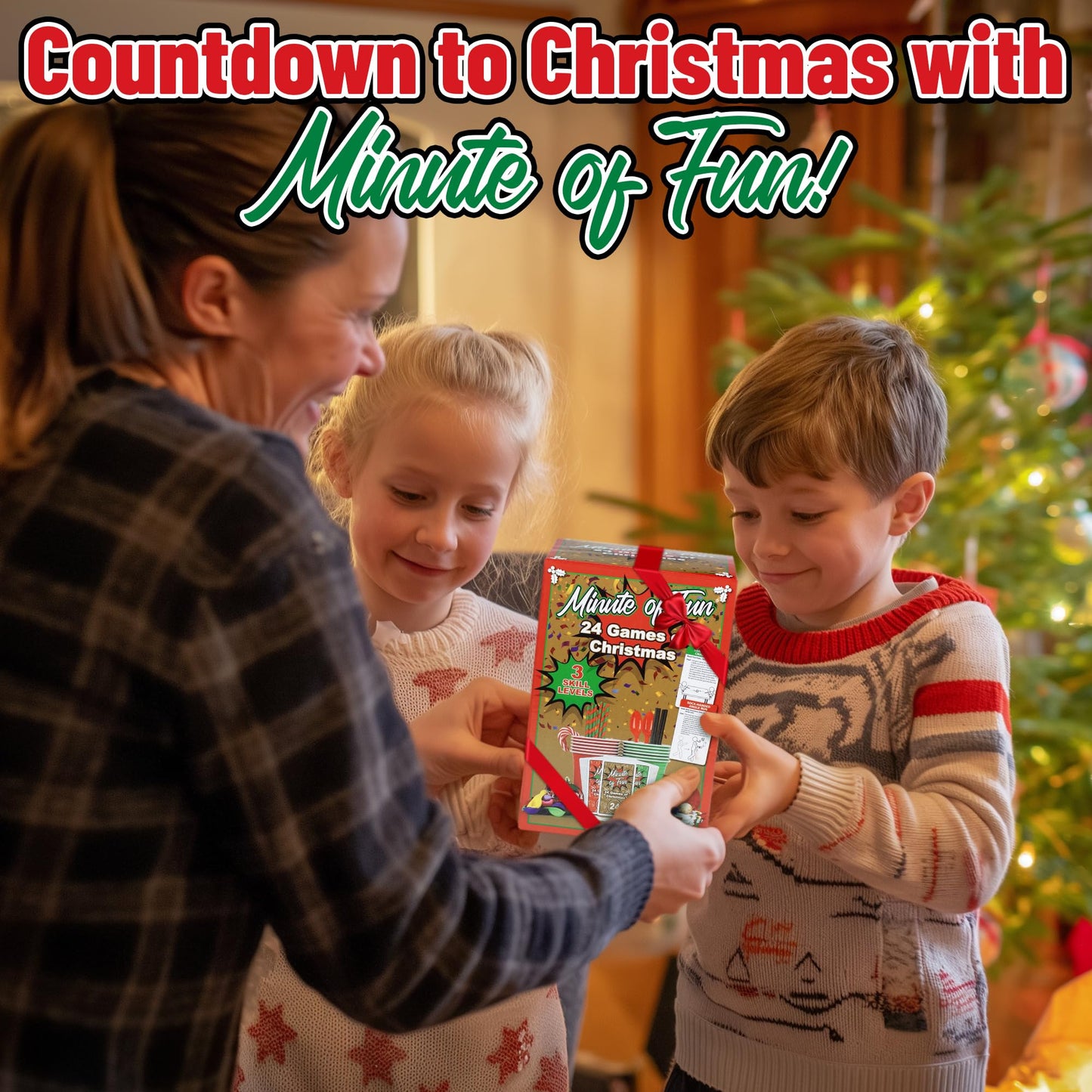 Funwares 24 Days of Christmas Games - Complete Advent Calendar, Christmas-Themed Minute to Win It Challenges for Kids, Teens & Families, 2-12 Players