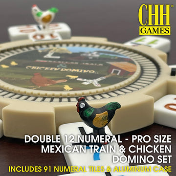 CHH Double 12 Numeral Pro Size Mexican Train & Chicken Domino Set - Aluminum Carrying Case - Complete Set with Plastic Hub, Train Markers, and Chicken