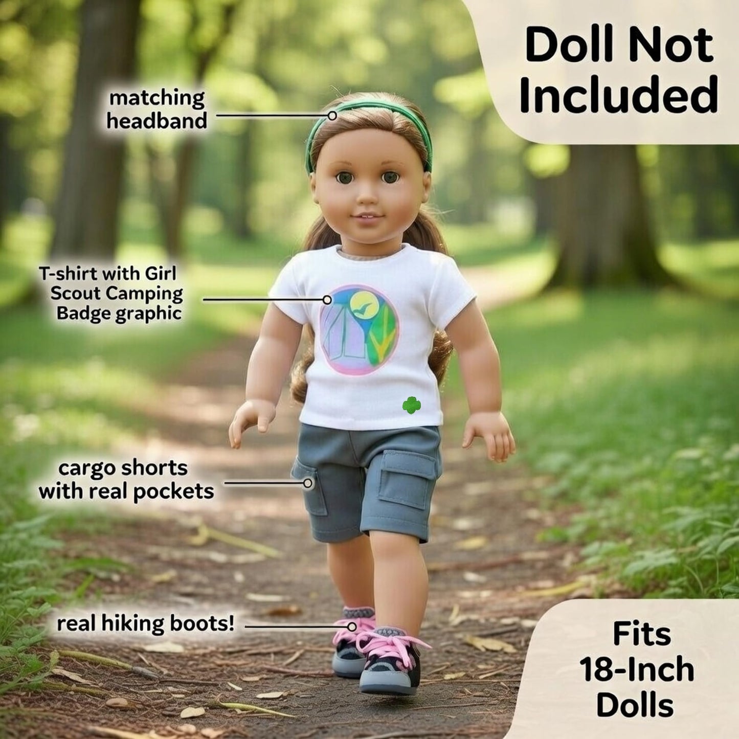 Emily Rose Girl Scouts® Officially Licensed 18 Inch Doll Camping Outfit - Badge Graphic T-Shirt, Cargo Shorts, Headband & Hiking Boots - Fits American