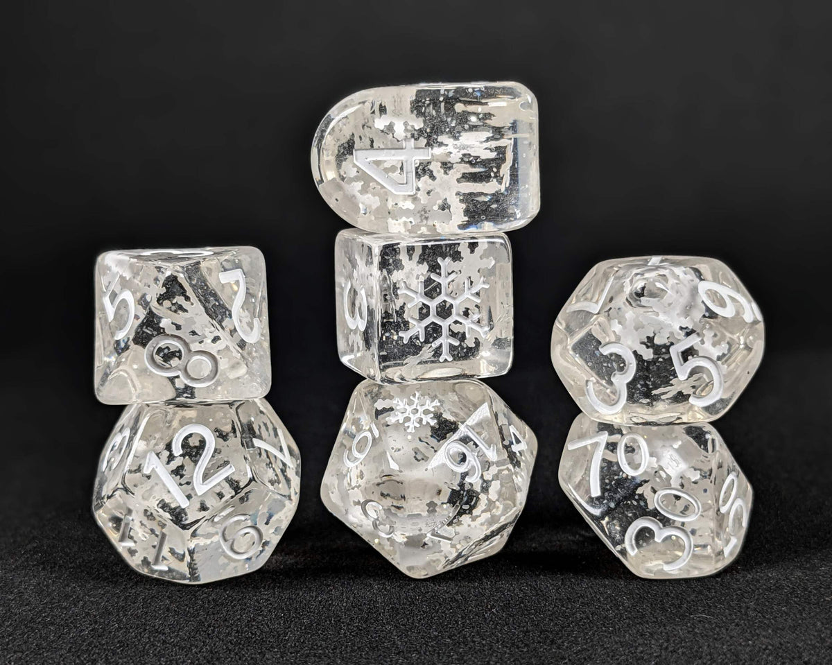 Happy Holi-Dice: Diffusion Falling Snow - Set of 7 Game dice w/ Arch'd4 and Symbols