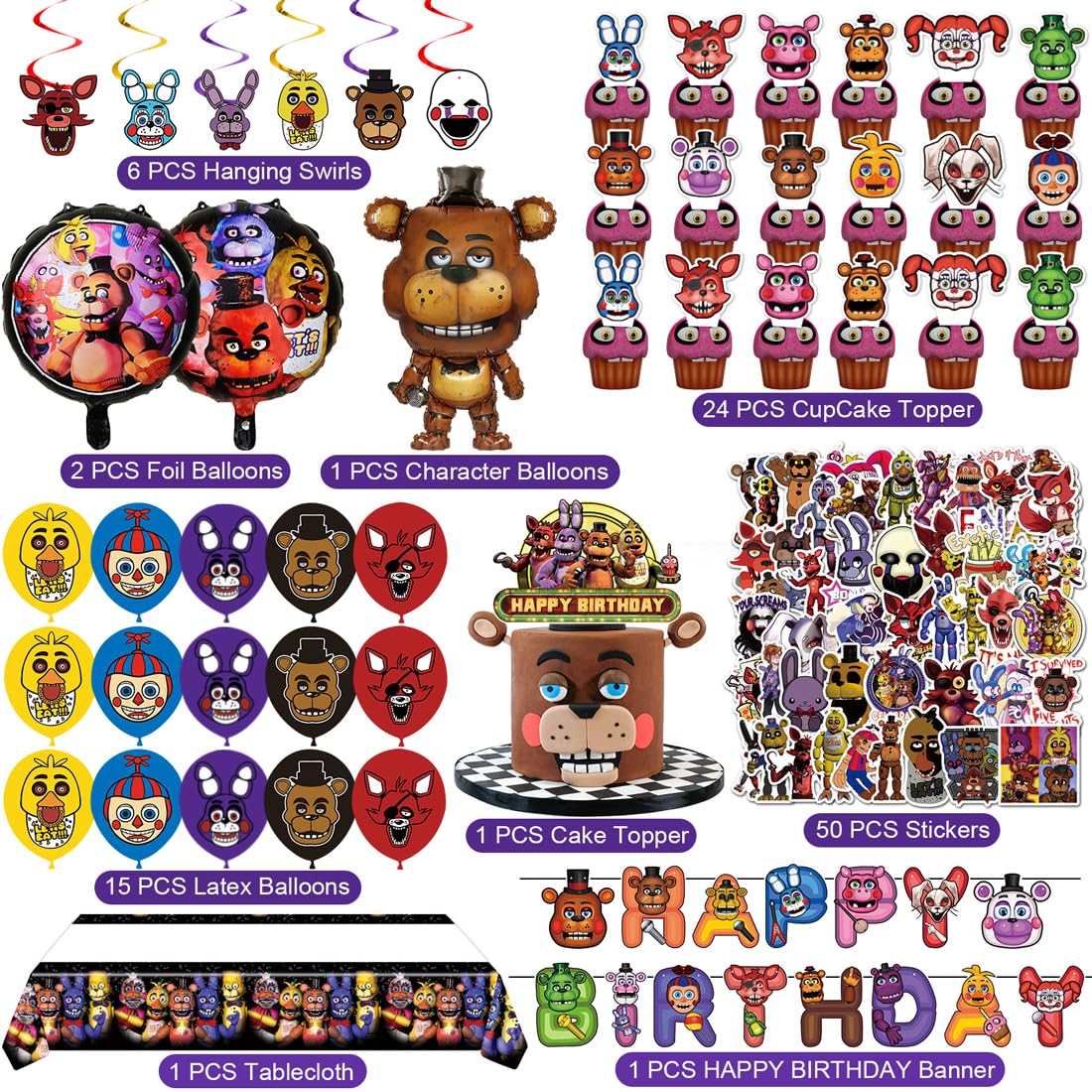 Freddy's Birthday Decorations, Party Supplies Set Include Banner, Balloons, Stickers, Hanging Swirls, Cake Cupcake Toppers, Tablecloth for Boys Girls
