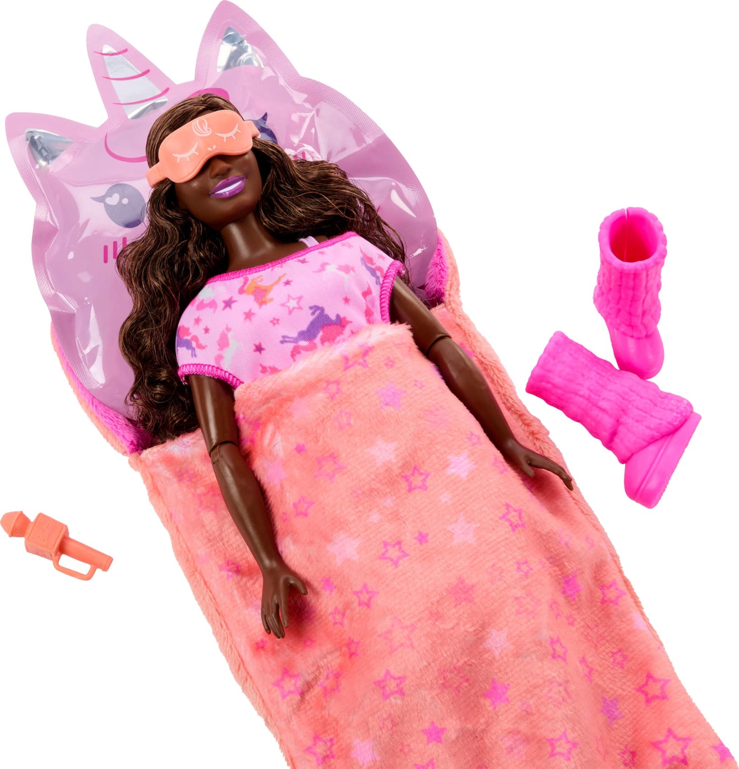 Barbie Party Unboxed Doll & Accessories, Sleepover Reveal Series with 7 Surprises Including Glow-in-The-Dark Activity Pink Pajama Doll