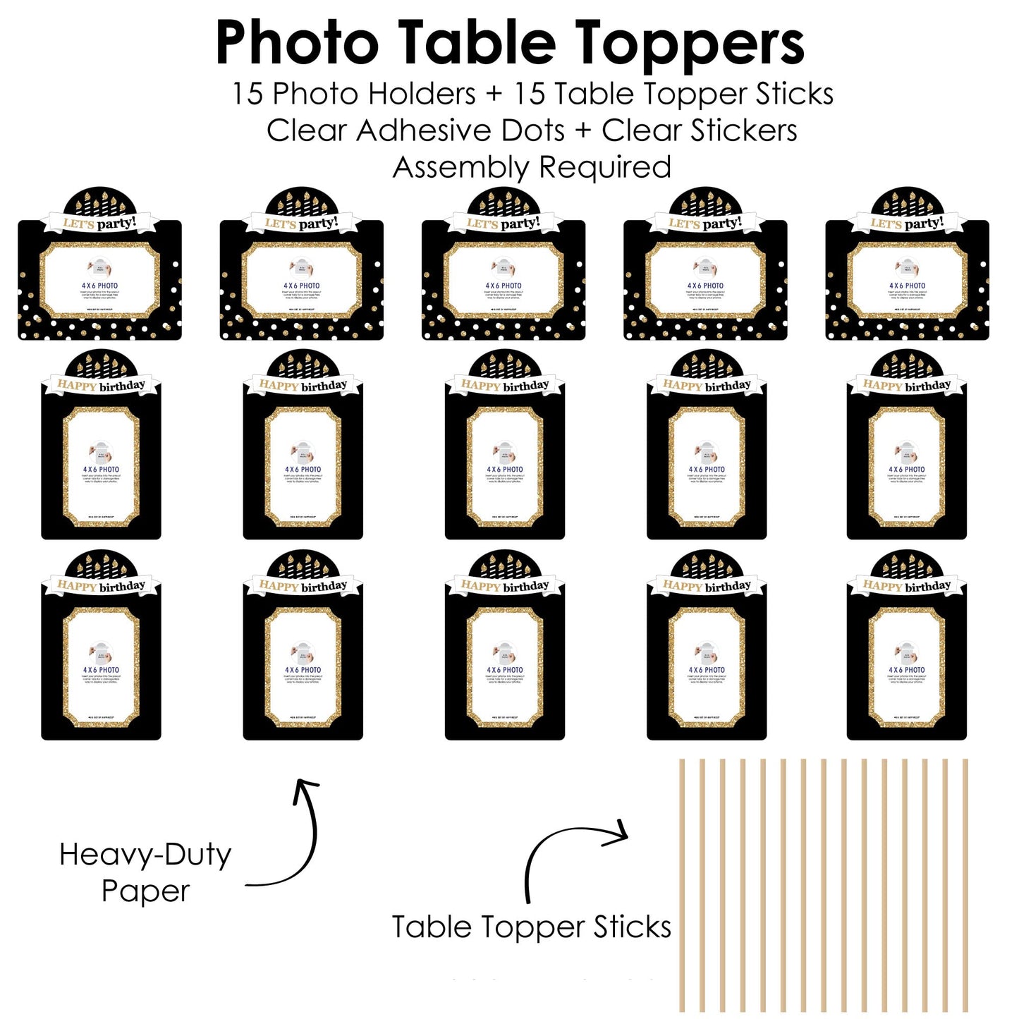 Big Dot of Happiness Birthday Photo Centerpiece Kit - Gold Party Decoration Display Set, 15 Double-Sided Photo Table Toppers with Sticks, Custom 4x6