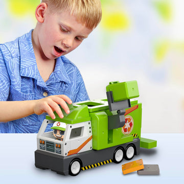 Tile Town Recycling Truck 15-Piece Magnetic Tile Playset, Interactive STEM Magnetic Tiles Toys, Includes 1 Action Figure and 2 Action Tiles