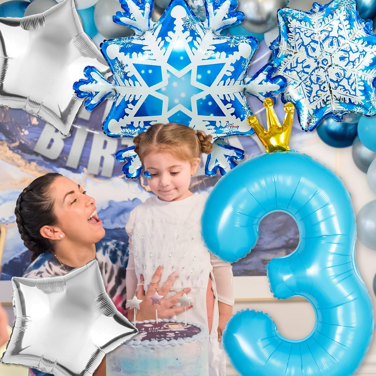Frozen 4th Birthday Party Decorations Balloon, 40" Elsa 4 Balloon with Crown SnowFlake Foil Mylar Balloons for Princess Anna Elsa Frozen Theme