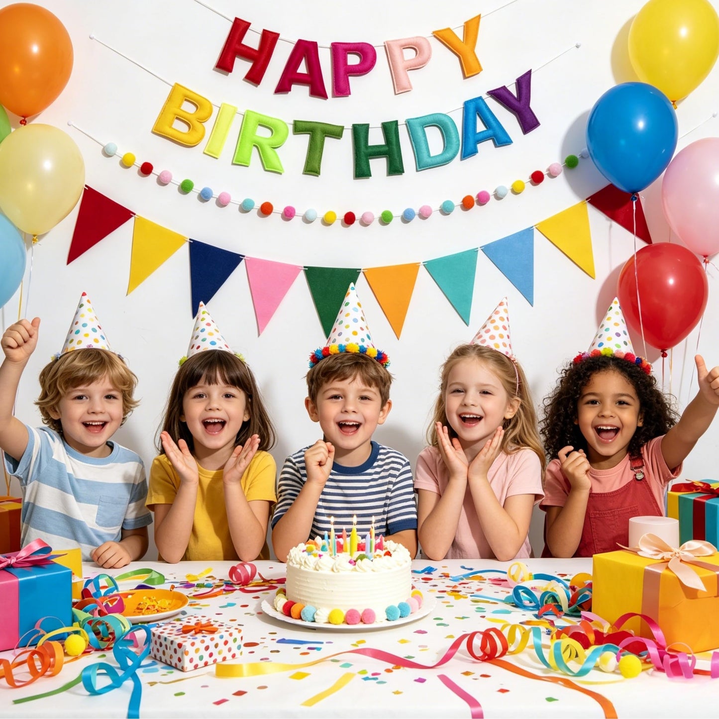 IKMVZM Felt Happy Birthday Banner Set, Pre-Strung 3D Happy Birthday Banner with Pom Pom Garland & Triangle Bunting, Colorful Reusable Birthday Party