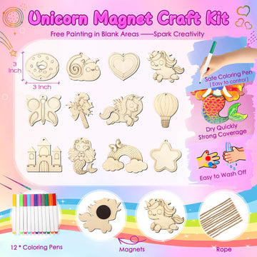 12 DIY Unicorn Wooden Magnets - Arts Crafts Painting Kits For Kids, Creative Art Supplies Paint Gift For Birthday Party Favors Family Easter Crafts