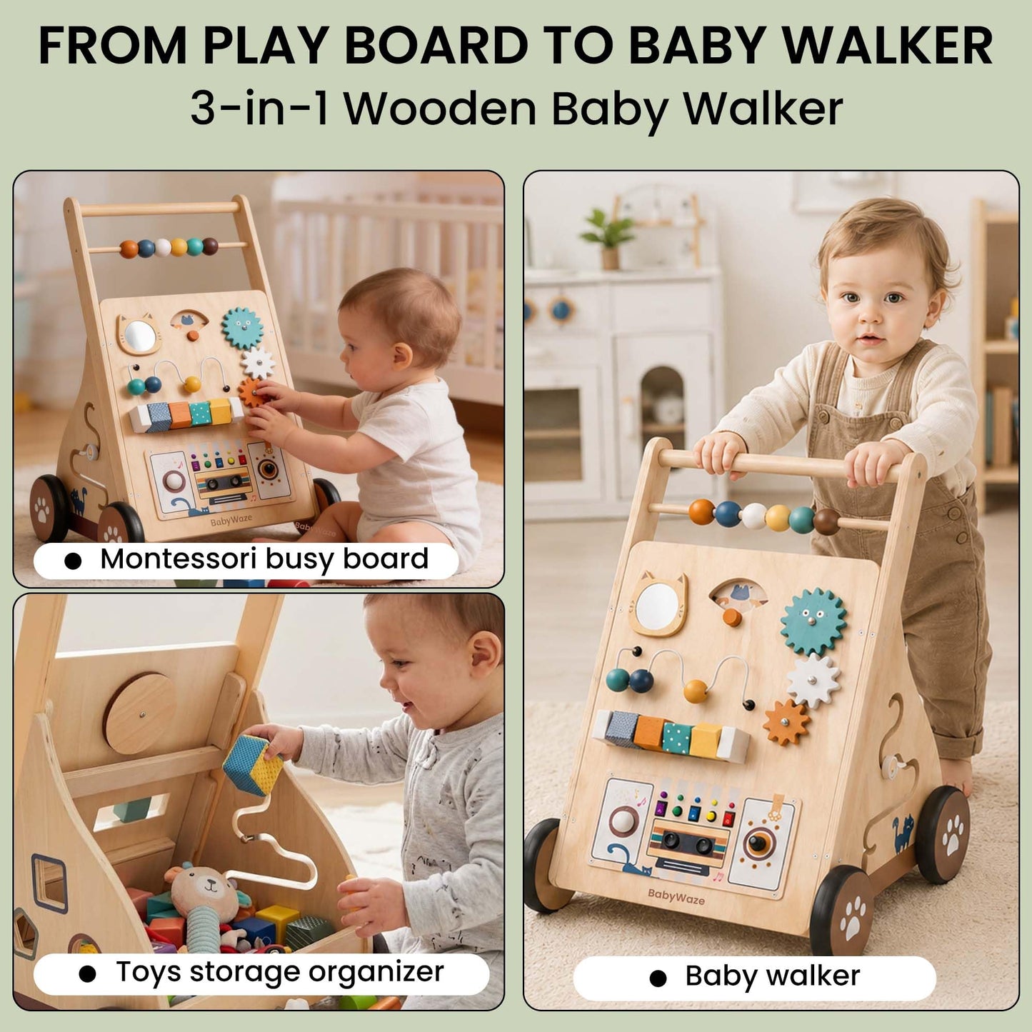 Babywaze Baby Walker with Wheels - Adjustable Speed Wooden Push Walker for Babies 9-18 Months, 3in1 Montessori Sit to Stand Learning Toy with Musical