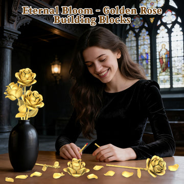 QIFUN Gold Roses Flower Building Set - 3 Roses Bouquet Botanical Building Blocks for Adult, Home Decor Romantic Anniversary Valentine's Day Gift