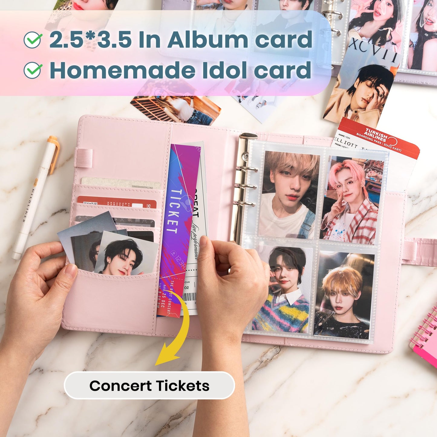A5 Kpop Photocard Binder, 6 Ring Card Collector Album with 240 Card Slots, 30 Double-Sided Photocard Sleeves, PU Leather Binder Cover for Organizing