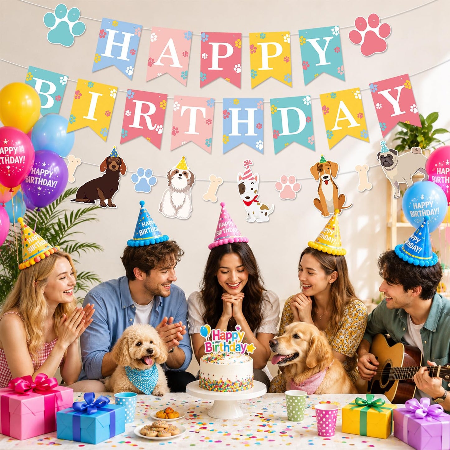 Dog Birthday Decorations Banner, Happy Birthday Puppy Banner with Paw Print, Bone and Dog Cutouts Garland, Pastel Pet Birthday Party Supplies for Boy
