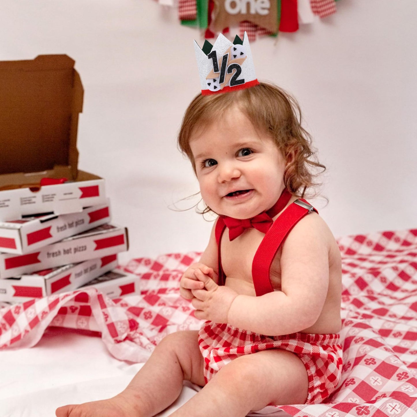 Jissoo Pizza 1/2 Birthday Crown - Holy Cannoli Half Birthday Decorations,Pizzeria Party Hat Photo Props,Pizza Cake Smash 6 Months Party Crown,Sweet
