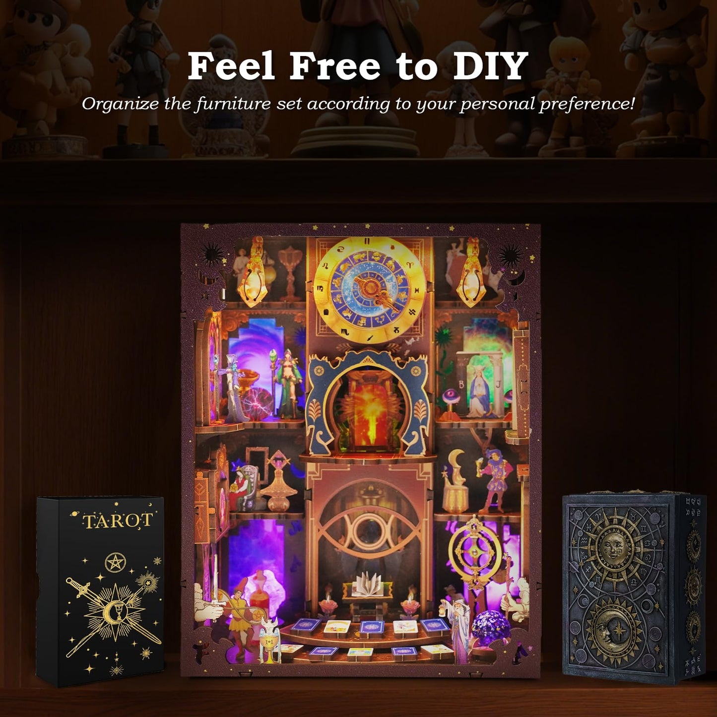Book Nook Kit - Fantasy Tarot 3D Wooden Puzzle for Adults, Teens & Beginners, DIY Miniature Bookshelf Insert with LED Light, Mysterious Craft Gift