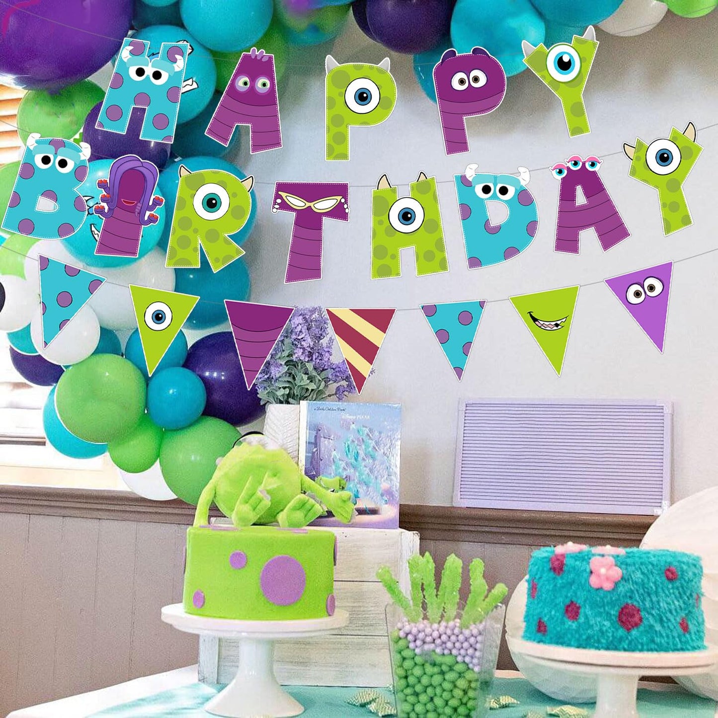 3 Pcs Monster Birthday Banner and Garland - Cute Monster Theme Party Decorations for Kids Birthday, Baby Shower, Boys Girls Celebration Supplies