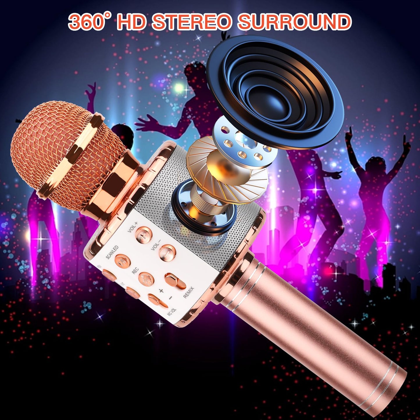 ShinePick Karaoke Microphone, 4 in 1 Wireless Microphone with LED Lights Handheld Portable Karaoke Machine, Home KTV Player, Compatible with Android &