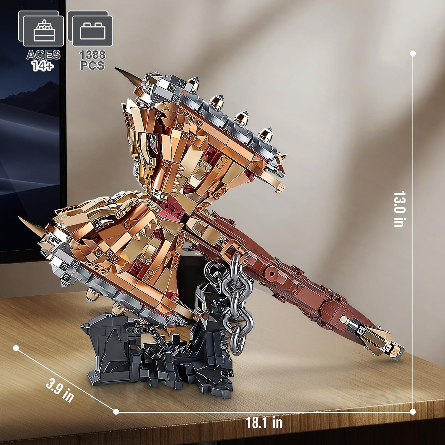Finger Rock Thor Battle Hammer Building Blocks Set for Adults, Legendary Hammer Building Kit with a Base for Display, 1388 PCS Classic Toy Weapon