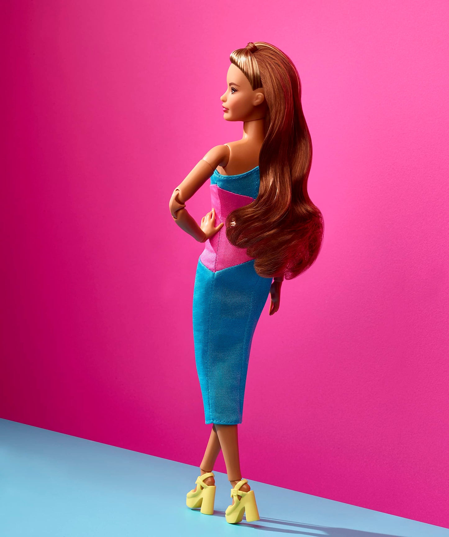 Barbie Looks Fashion Doll with Brown Hair Wearing One-Shoulder Pink & Blue Midi Dress, Collectible with Posable Made to Move Body