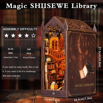 Book Nook Kit - DIY Miniature House Kit for Adults, Teens and Beginners, Magic Library 3D Wooden Puzzle Insert Decor with LED Light, Shelf Miniature