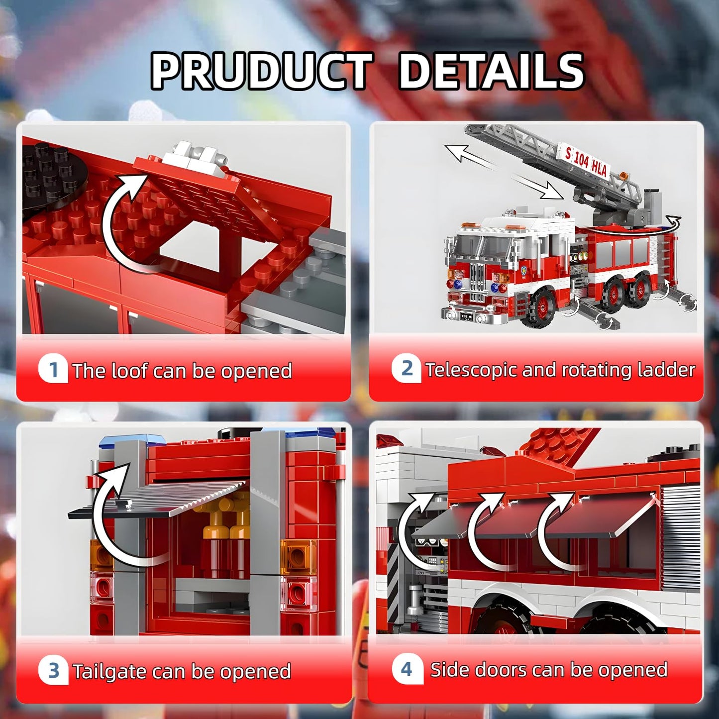 Light-Up Ladder Fire Truck Building Set - 720PCS STEM Toys for Kids & Adults, City Firetruck Building Bricks with Flashing Lights, Ideas Creative Gift