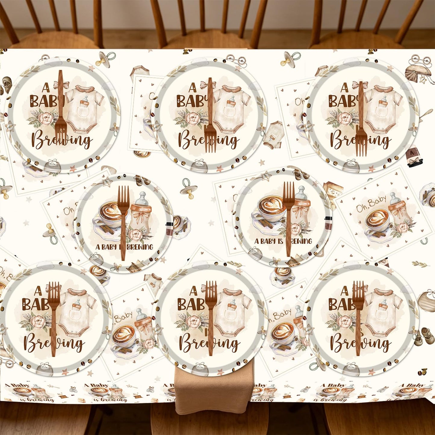 Musaeva a Baby is Brewing Baby Shower Decorations, 98PCS Coffee Baby Shower Disposable Paper Plates Napkins Party Decorations, Coffee Themed Gender