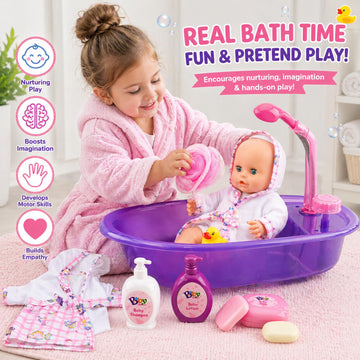Liberty Imports Baby Bath Toys 13-Inch Little Newborn Doll Bath Set - Real Working Bathtub with Detachable Shower Spray and Accessories for Kids