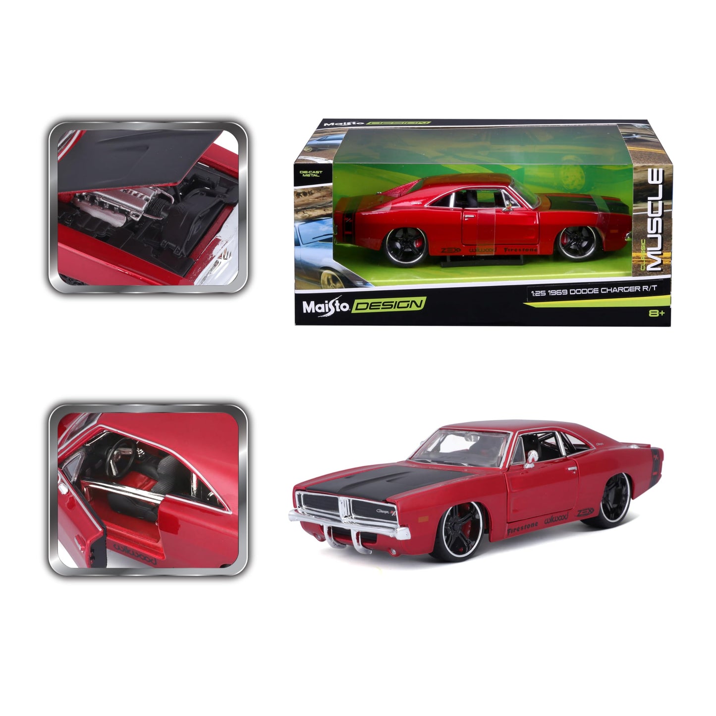 1969 Dodge Charger R/T Red Metallic with Black Hood and Black Stripes Classic Muscle 1/25 Diecast Model Car by Maisto
