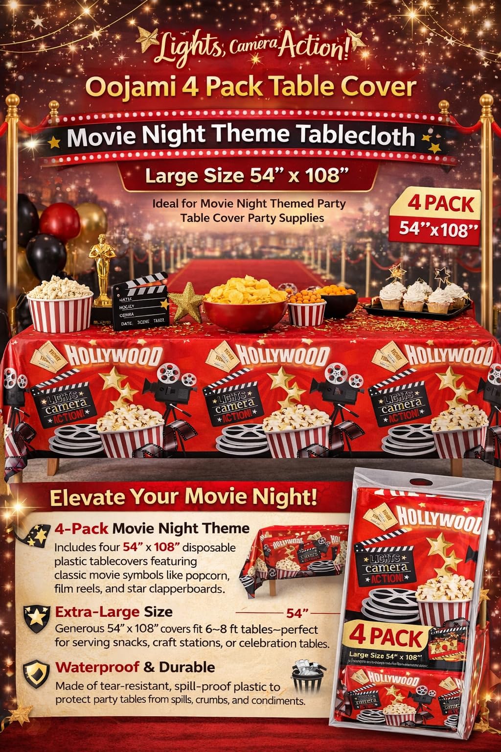 Oojami 4 Pack Table Cover Movie Night Theme Tablecloth Large Size 54" x 108" Ideal for Movie Night Themed Party Table Cover Party Supplies