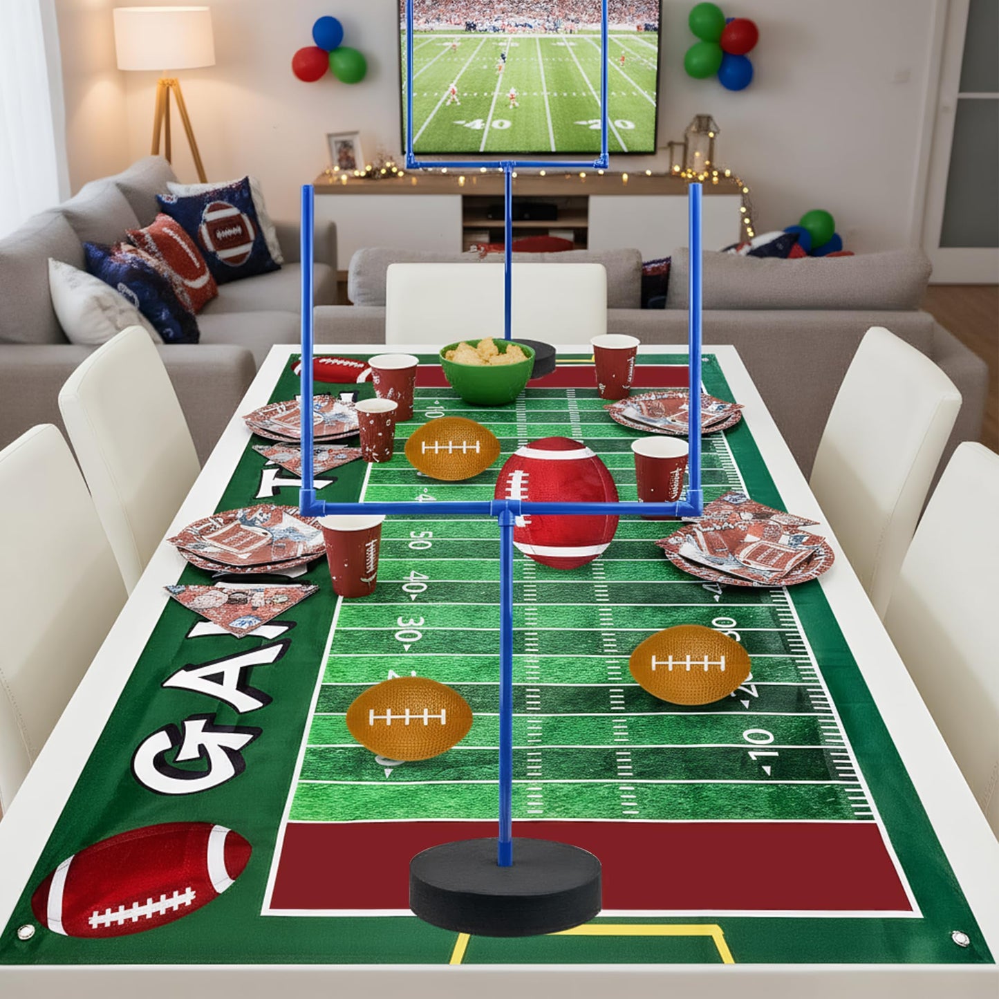 5 PCS Large Football Party Goal Post Decoration Kit with 2 PCS 15.75 in Field Goal Posts 1 PCS 59 in Court Table Runner 2 PCS 3.35IN Footballs