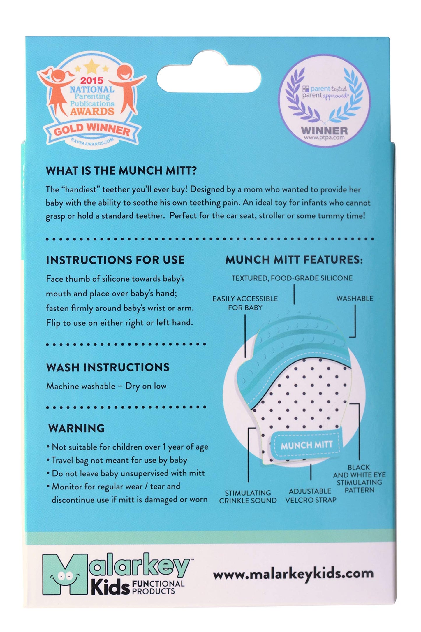 Malarkey Kids Patented Teething Mitten, Munch Mitt Baby Chew Toy - Protects Hands from Chewing & Saliva, Heals Aching Gums, Promotes Sound & Visual