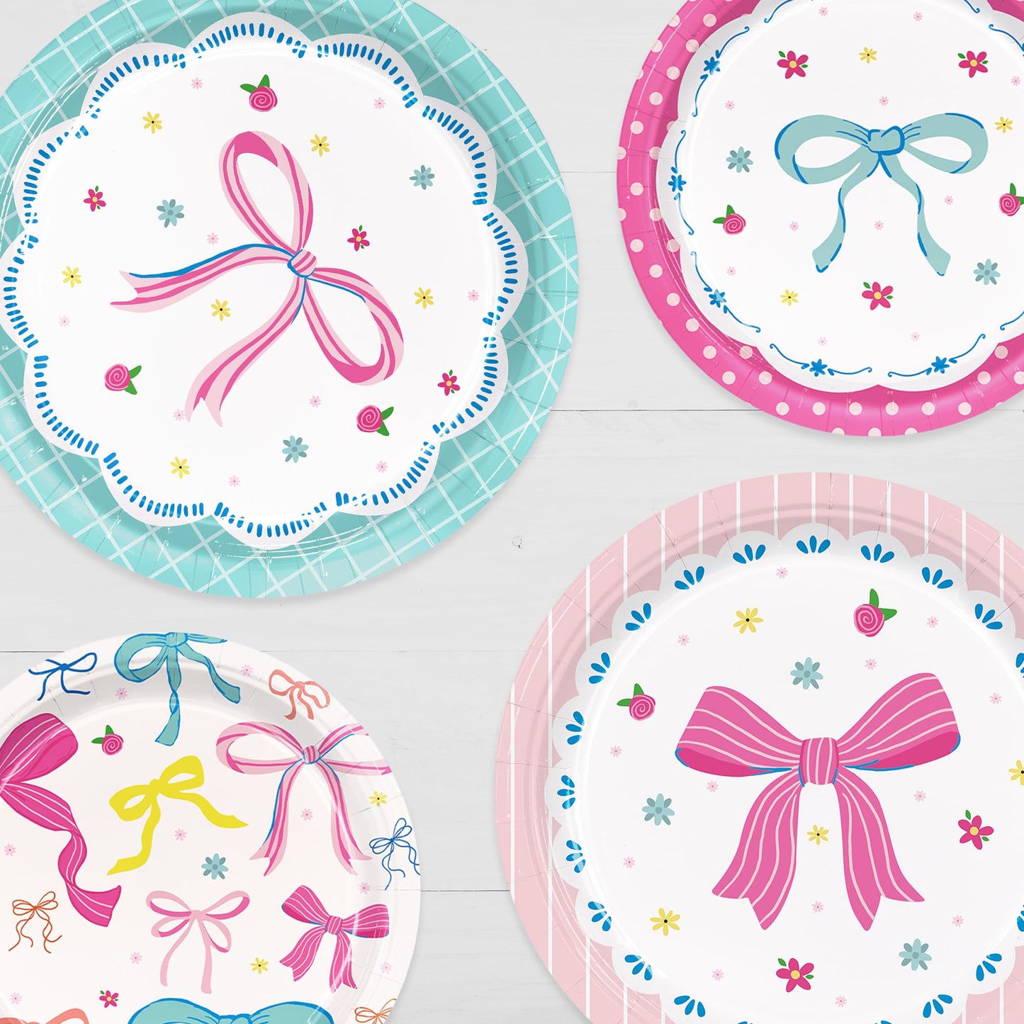 48pcs Bow Paper Plates Bow Birthday Party Decorations 7 Inch & 9 Inch