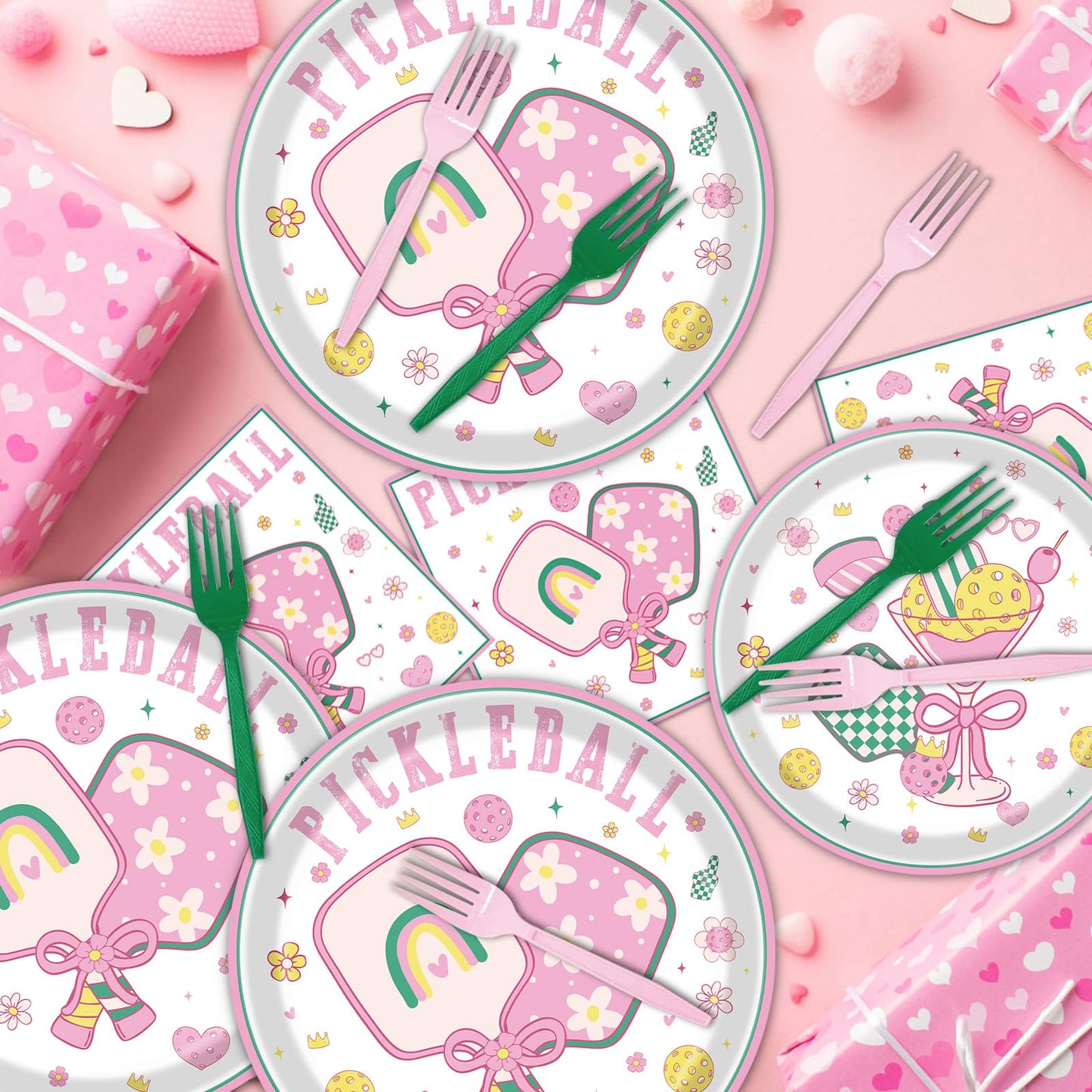 musaeva Pickleball Birthday Party Decorations Tableware, 96PCS Pickle Ball Disposable Pink Paper Plates and Napkins Decoration, Ball Theme Forks Decor