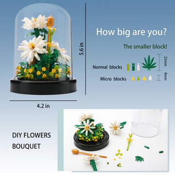 YaJie Flower Bouquet Building Set - White Daisy Blocks for Adults, 490 PCS DIY Mini Bricks, Unique Botanical Home Decor, Creative Gift for Women