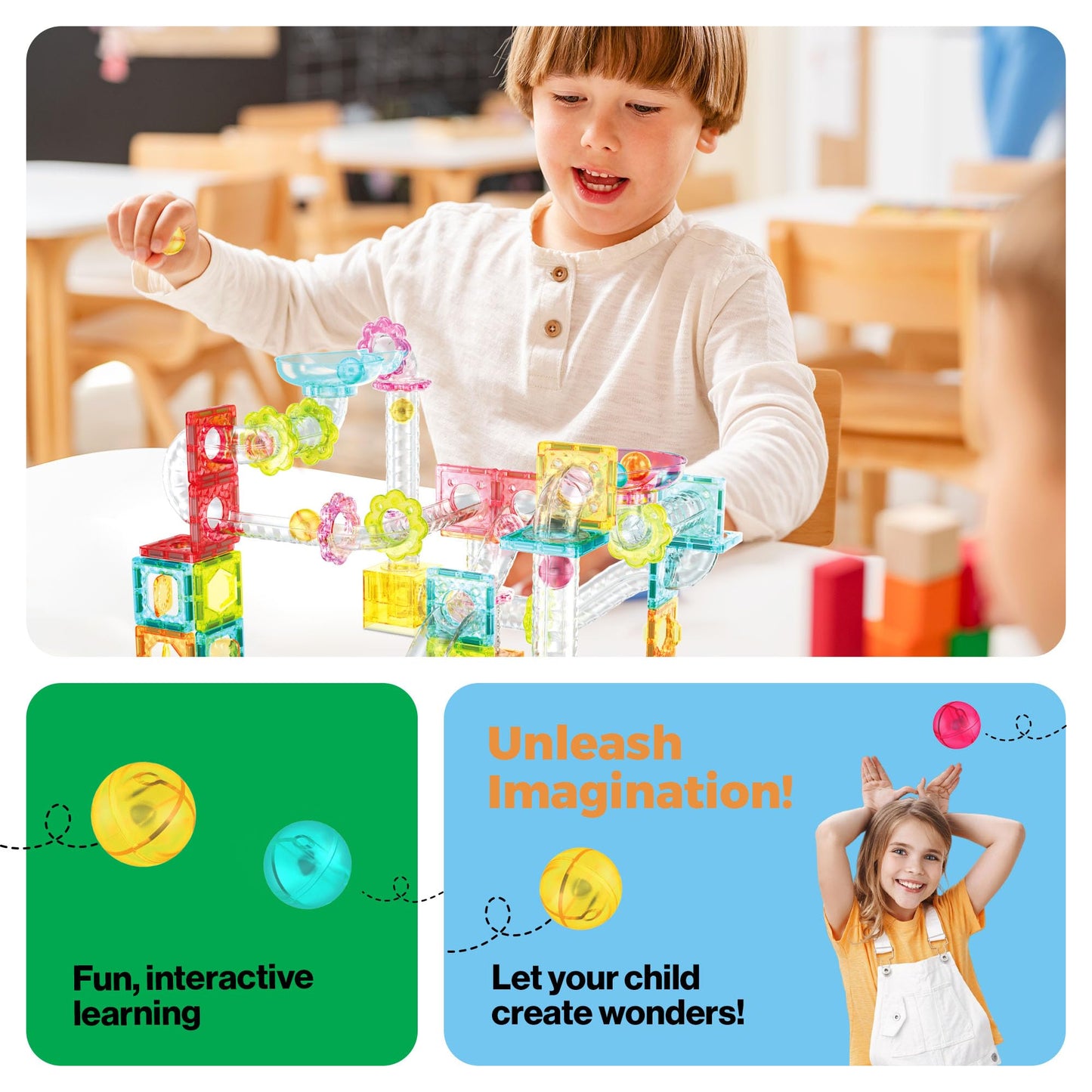PicassoTiles 100pc Magnetic Marble Run Travel Size Tile Blocks Construction Kids Toy Set On The Go Mini Magnet Tiles Marbles Playset for Race Track