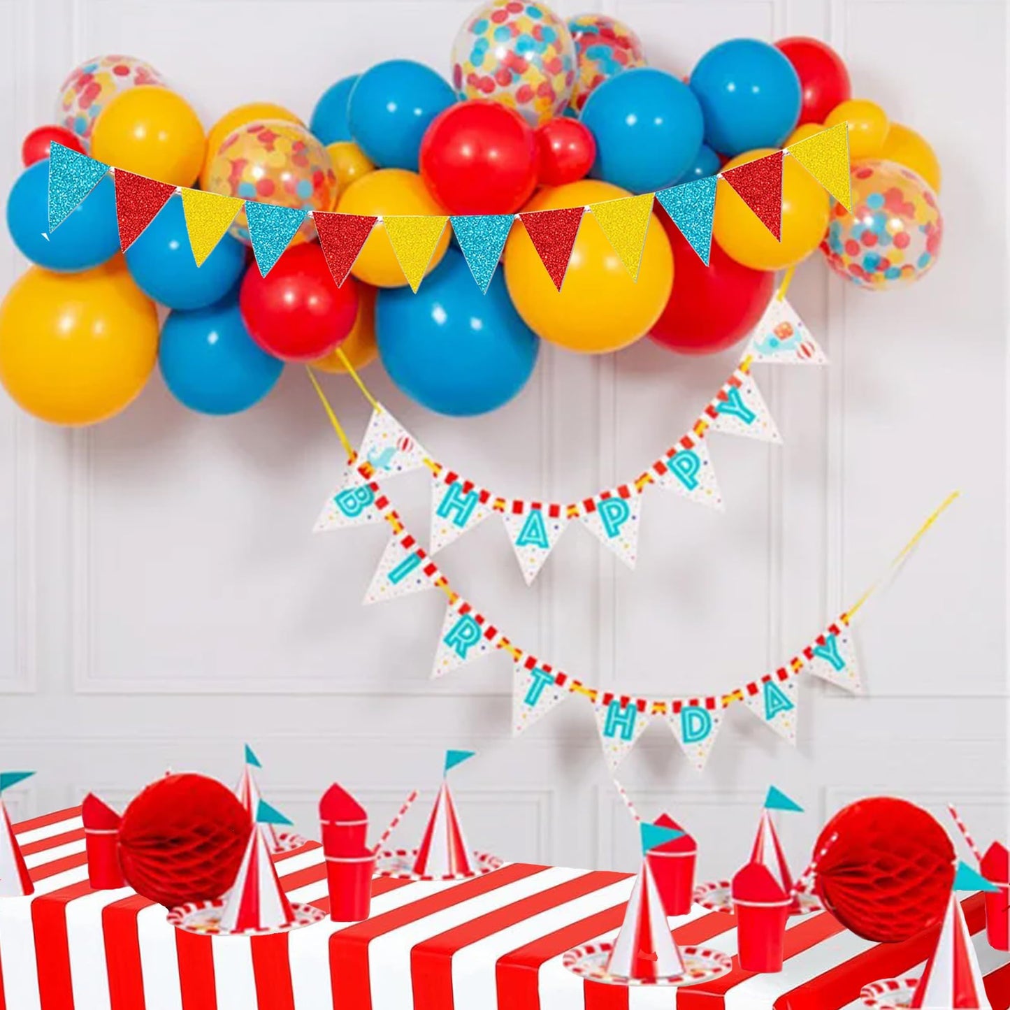 Circus Carnival Party Decorations Happy Birthday Banner Carnival Theme Balloons Circus Themed Tablecloth for Carnival Circus Birthday Party Supplies