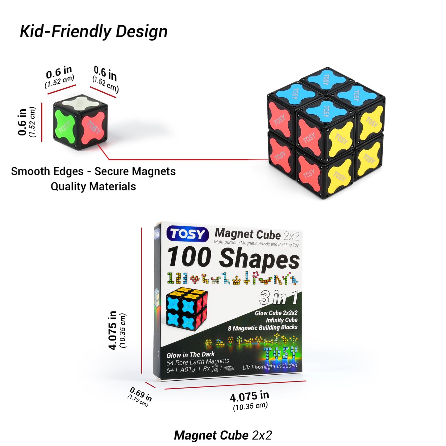 TOSY Magnet Cube 2x2 - 8 Blocks, 2 in 1 Toy: 2x2x2 Puzzle Cube and Customizable Infinity Cube, Glowing, UV Flashlight, Fidget/Sensory/STEM/STEAM