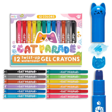 Ooly Cat Parade Gel Crayons for Kids and Adults - Set of 12 Rainbow Color Crayons for Glass and Paper Surfaces with Cat-Shaped, Twist-Up Caps - Smooth