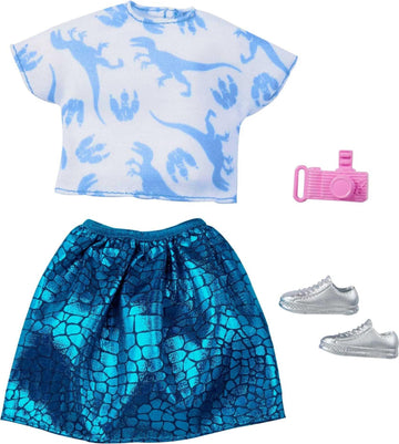 Barbie Doll Clothes Inspired by Jurassic World: Dominion, Complete Look with 2 Accessories, Crop Top & Dinosaur-Inspired Metallic Skirt, Silvery