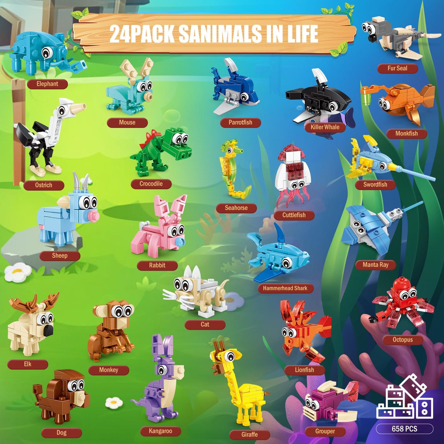24 Packs Animals Building Sets for Kids,3 in 1, 72 Kinds of Transformable Building Block Toy,Compatible with Lego Party Favors,Classroom Student