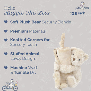 MON AMI Huggie The Bear Plush Lovey, 13.5-Inch Knotted Security Blanket