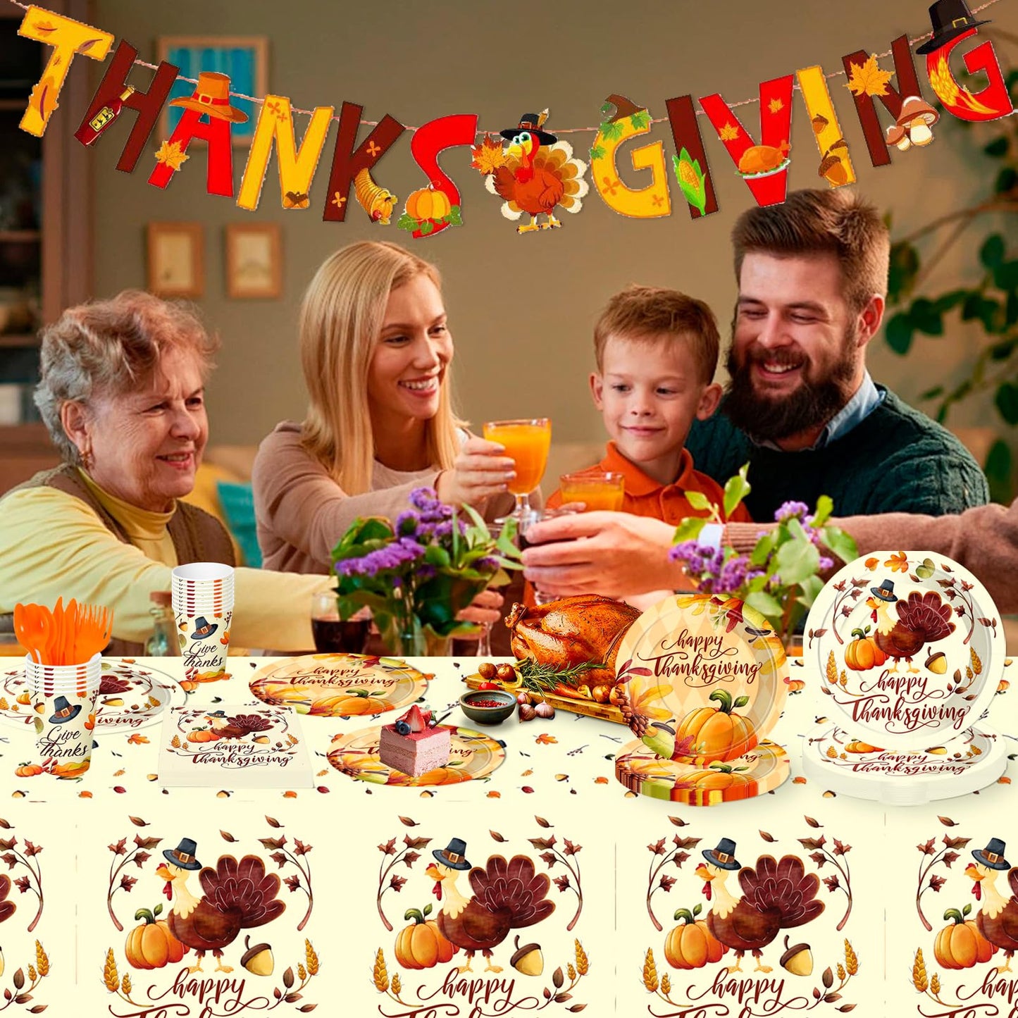 Sertokm 170PCS Fall Thanksgiving Party Plates and Napkins Set - Disposable Tableware with Banner, Pumpkin Tablecloth, Cups and Utensils
