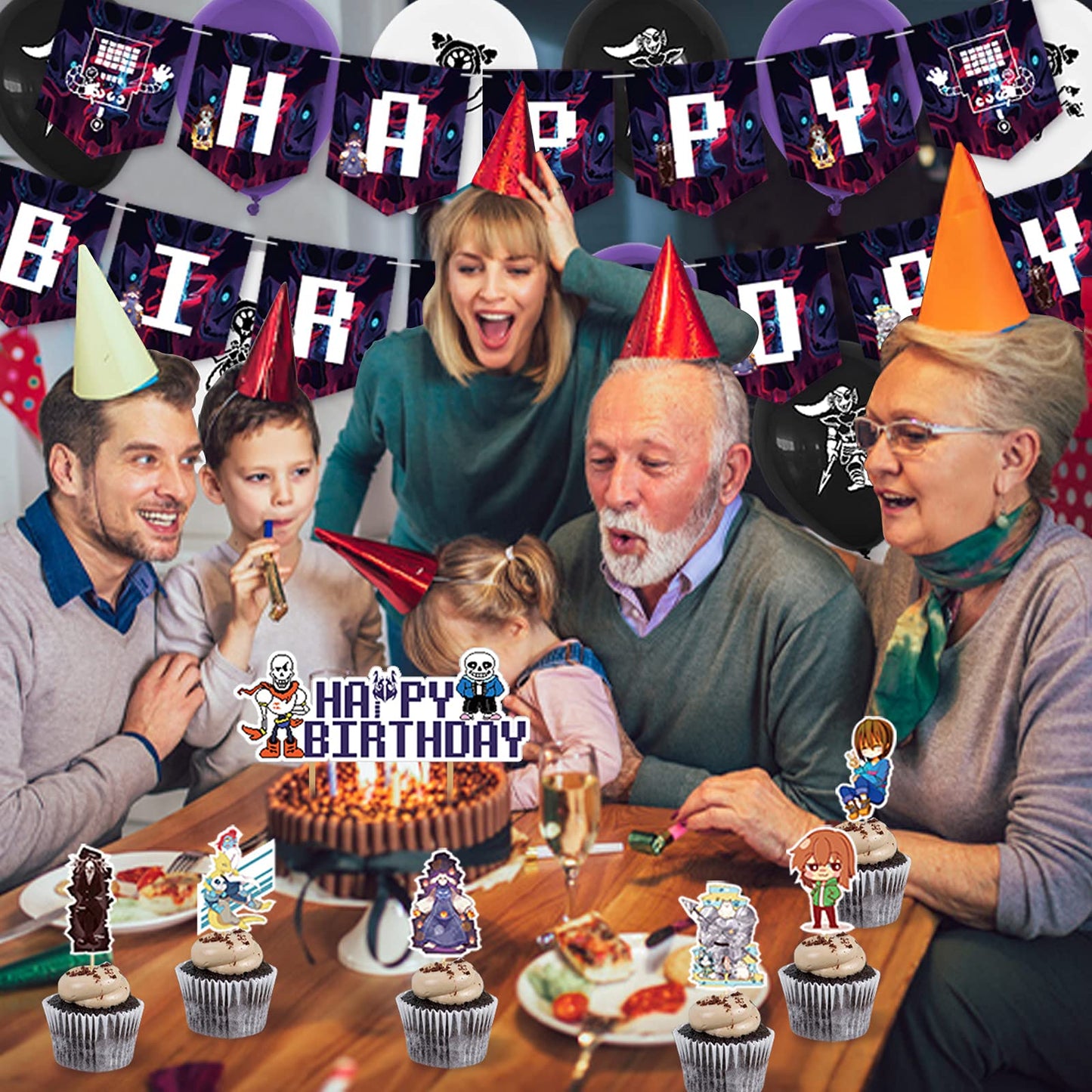 Undertale Party Decorations - Birthday Supplies with Banner, Cake Topper, 12 Cupcake Toppers, 18 Balloons, 50 Stickers