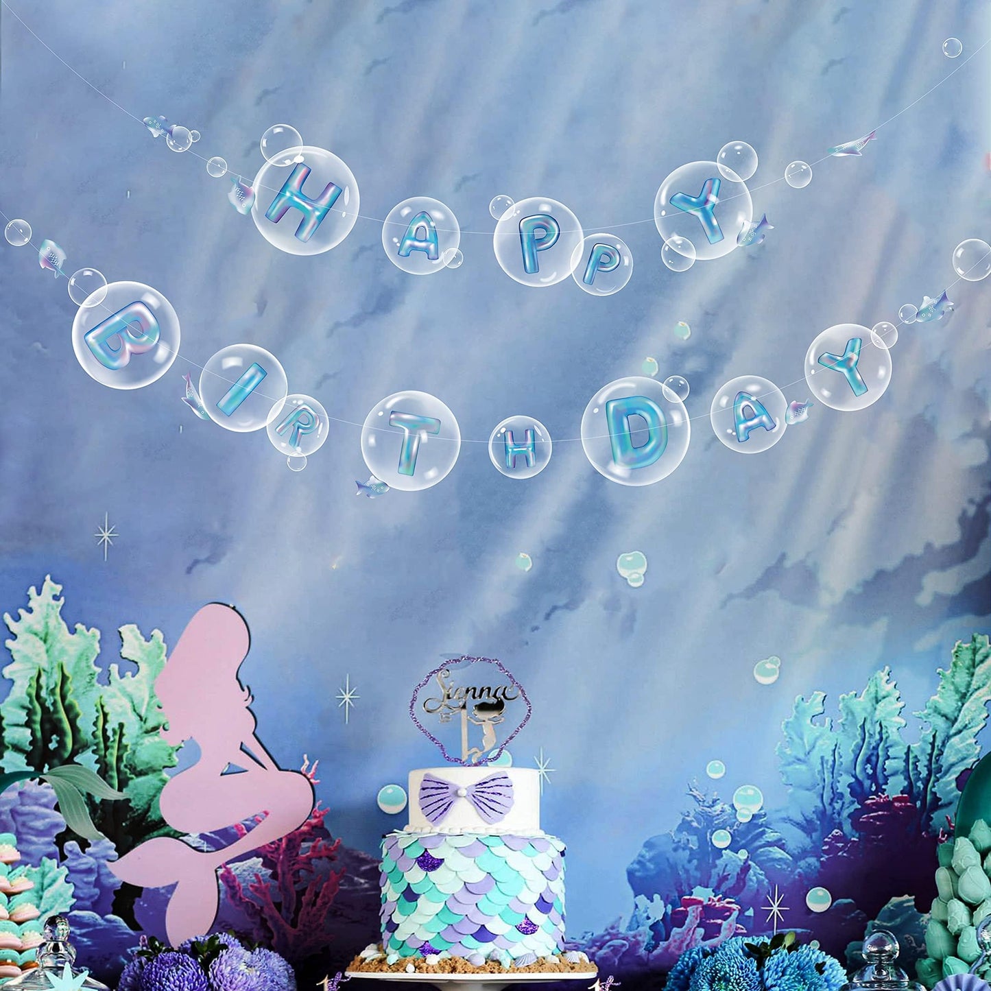 Cheerland Ocean Happy Birthday Banner Under the Sea Bubble Party Decorations Mermaid Birthday Decoartion for Kids Hanging Banner Underwater Garlands