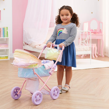 Olivia’s Little World Magical Shimmer Deluxe 2-in-1 Baby Doll Stroller with Matching Mini Diaper Bag, Iridescent Rainbow