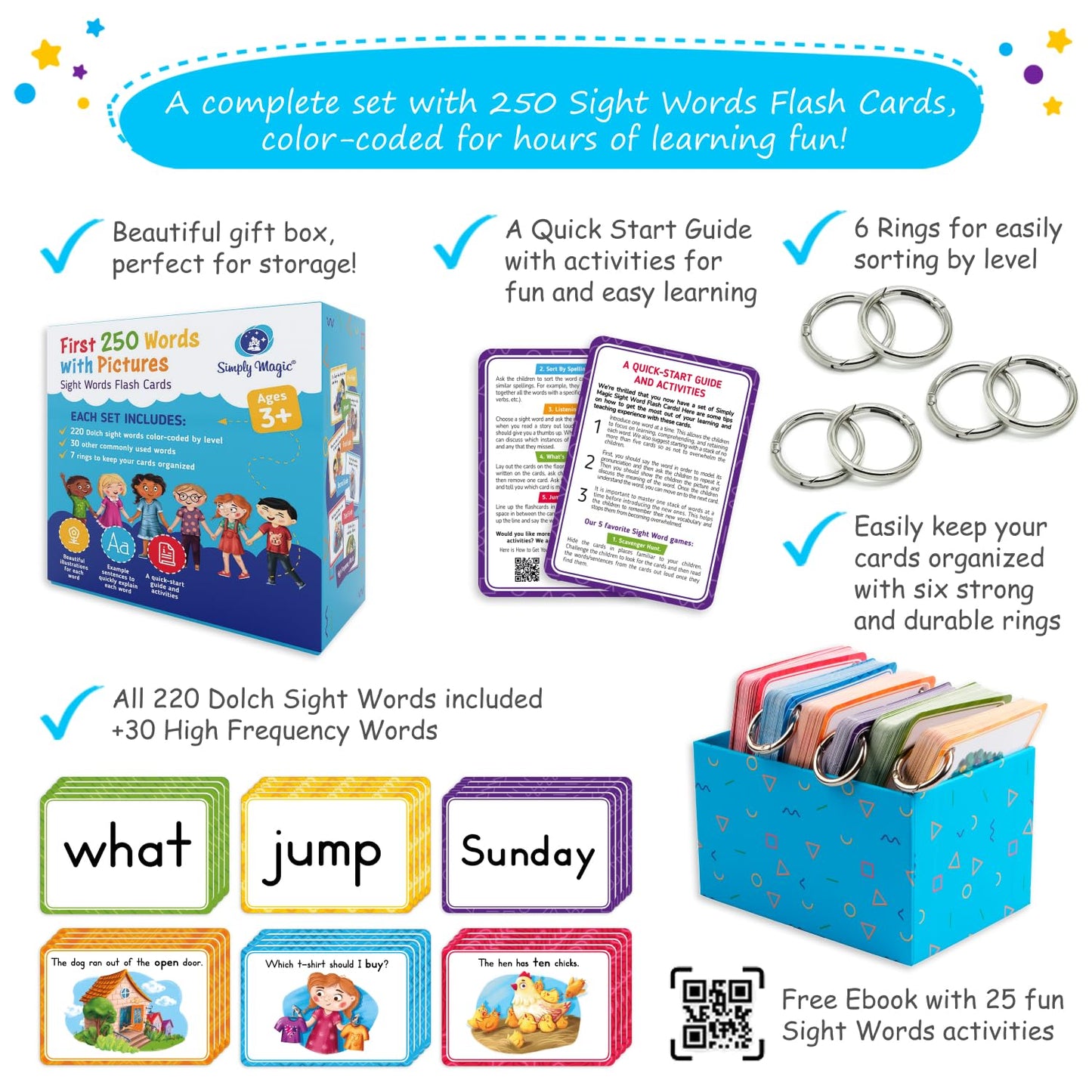 250 Sight Words Flash Cards for Kindergarten with Pictures, Dolch Sight Words Pre-K for Toddlers 3 4 5 6 7 8 Years, High Frequency Words Reading Cards
